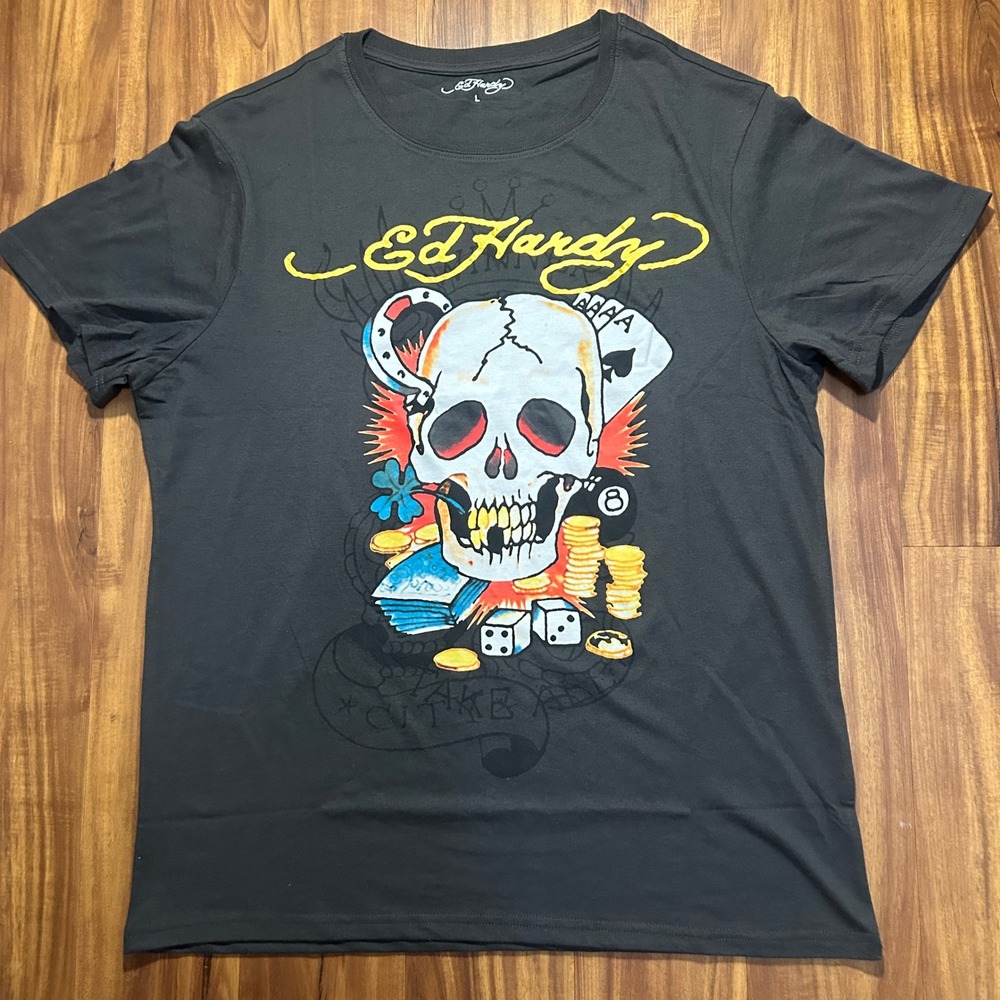 Ed Hardy Mens Skull Gambling Graphic T-Shirt Charcoal Grey NWT EHM1100-156 Large